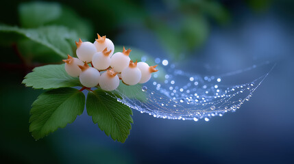 White berries on green leaves with glowing particle trail nature data visualization and magical biotechnology concept