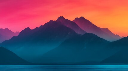 A breathtaking mountain landscape at sunset, showcasing vibrant hues of pink and blue, with layered peaks and a serene body of water below.