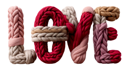 Colorful braided rope letters spelling love, showcasing intricate textures and vibrant hues, perfect for expressing affection and warmth in design projects. isolated image, transparent background