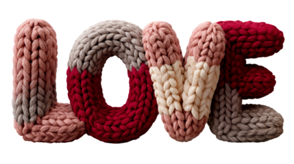 Colorful knitted letters spelling love, showcasing a cozy texture and vibrant hues, perfect for expressing affection and warmth in creative projects. isolated image, transparent background