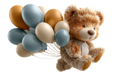 Cute teddy bear holding colorful balloons, floating in the air, showcasing a whimsical and joyful atmosphere, perfect for children's celebrations and events. isolated image, transparent background