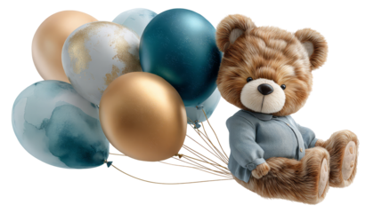 Cute teddy bear wearing blue shirt is holding colorful balloons, creating a joyful atmosphere, perfect for celebrations and children's events with copy space. isolated image, transparent background