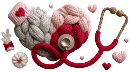Heart-shaped knitted elements with stethoscope and decorative hearts, showcasing love and care in a vibrant, cozy illustration with copy space. isolated image, transparent background