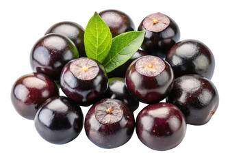 Fototapeta premium Fresh acai berries with green leaves, healthy superfood fruit.