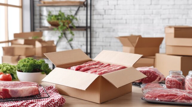 Cardboard box filled with fresh meat products in modern kitchen for delivery or food packaging visuals