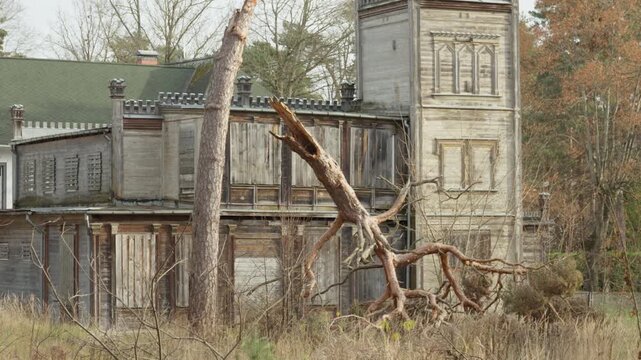 Scene of desolation and decay at a neglected wooden villa in Jurmala Latvia. A broken fallen tree lies before a boarded heritage building, representing property decline and abandonment.