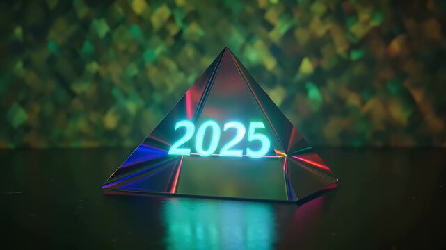 Vibrant Multicolored Illuminated Pyramid Sculpture Displaying 2024 for a New Year Celebration