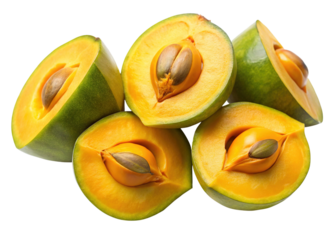 Tropical lucuma fruit cut in half with vibrant yellow flesh