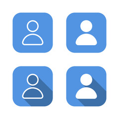 User profile icon set with long shadow. Account avatar symbol in blue square