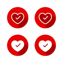 Good health, healthy icon set with long shadow. Heart with check mark symbol. Love with checkmark sign