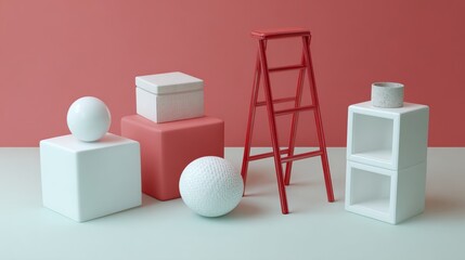Naklejka premium Geometric white blocks and red ladder composition for interior, art or design showcase visuals