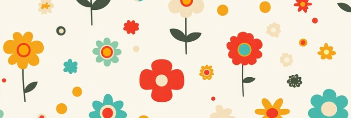 Retro Vintage Graphic Pattern Featuring Colorful Flowers and Daisies in an Elegant Aesthetic Design