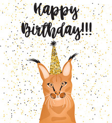 Illustration for the birthday of a caracal on a white background.