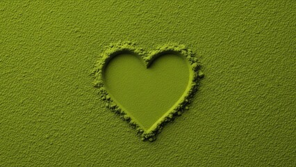 Heart shape indentation on vibrant green matcha powder background