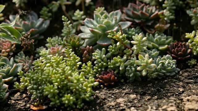 Close up view of diverse succulent rosettes carpeting a rocky garden bed