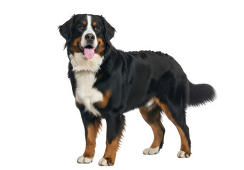 Bernese mountain dog standing proudly with tongue out, showcasing its distinctive black, white, and brown fur, isolated on transparent background