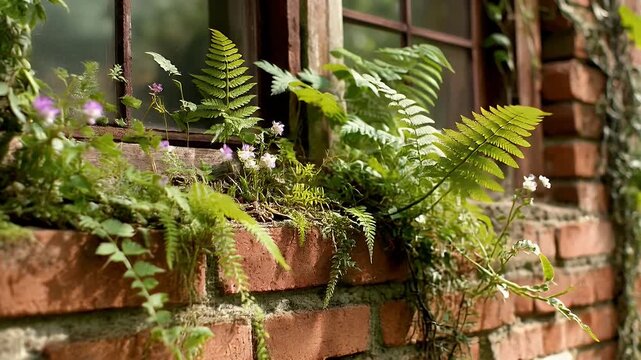 Charming Ferns and Flowers Adorning Rustic Brick Window Box, Nature's Beauty