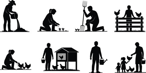 Farm and family agriculture silhouette set showing planting feeding chickens watering crops and sustainable rural lifestyle outdoor illustration © MdLimon