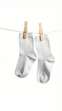 Two plain white baby socks hanging on clothesline with wooden clothespins against a clean white background studio shot.