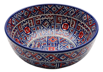 Vibrant ceramic bowl with intricate geometric patterns and colorful design isolated on transparent background