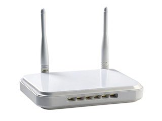 White dual-antenna wireless wi-fi internet router device.