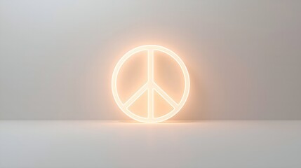 Glowing neon peace sign icon on a minimalist neutral background. Modern 3D rendering representing harmony, anti-war movement, and tranquility.