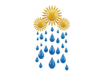 Three golden suns and blue raindrops illustration, symbolizing weather and climate change, isolated on transparent background