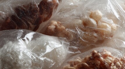 Obraz premium Transparent plastic bags filled with raw ingredients for industrial food storage concept photography