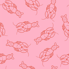 Seamless pattern with red lobsters on a pink background. Hand drawn vector illustration for wrapping paper, textile, fabric.