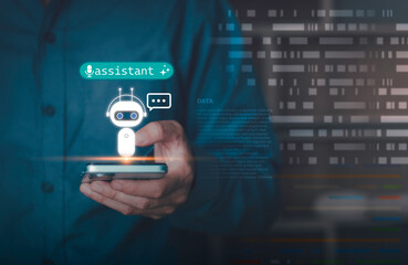 AI assistant and artificial intelligence concept. A professional using a smartphone with virtual chatbot interface processing, automation coding services, and intelligent digital support technology.