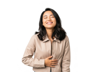 Young woman experiencing stomach pain or discomfort, holding her abdomen in distress, wearing a beige jacket, isolated on transparent background