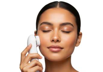 Serene woman using facial cleansing brush for skincare routine, beauty and wellness concept, spa day at home, isolated on transparent background