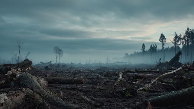 Illegal Logging and Uncontrolled Deforestation Causing Environmental Harm. AI generated image
