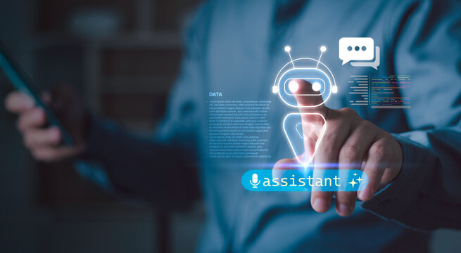 AI assistant and artificial intelligence concept. A professional using a smartphone with virtual chatbot interface processing, automation coding services, and intelligent digital support technology. - Powered by Adobe