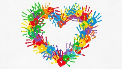Obraz premium Vibrant handprints in a rainbow of colors artfully form a heart symbol, celebrating unity, diversity, and creativity
