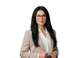 Confident businesswoman in beige blazer and glasses posing with a professional demeanor and elegant attire isolated on transparent background
