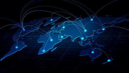 Global business network concept with connected world map illustrating international trade, corporate communication, digital economy, and cross-border business operations. © Phakhawat
