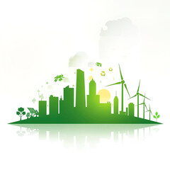 Obraz premium Eco City with Wind Turbines, Sun, and Recycling Symbol