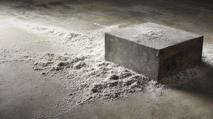 Concrete block surrounded by scattered white powder for construction material branding and industrial design photography