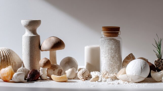White textured objects and mushrooms in still life composition for neutral food and organic product photography