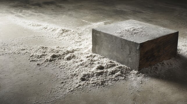 Concrete block surrounded by scattered white powder for construction material branding and industrial design photography