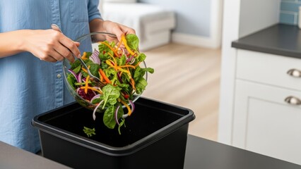 Woman's hands discard fresh vegetable salad into a black kitchen bin highlighting food waste in a modern home environment