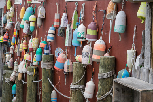 Fishing floats or bouys on display, Bar Harbor, Maine