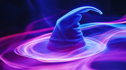 Close-up of a witch&acirc;s hat illuminated by pastel magical light trails, gentle glow, dreamy fantasy mood, high commercial usability