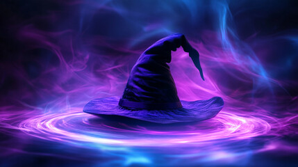 Close-up of a witch&acirc;s hat floating slightly above the surface, soft circular magical light trails, balanced fantasy stock composition