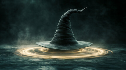 Close-up of a witch&acirc;s hat floating slightly above the surface, soft circular magical light trails, balanced fantasy stock composition