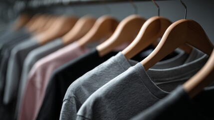 Clothes hanging on wooden hangers in retail store for minimalist fashion branding and apparel product display photography concept
