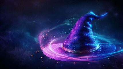 Close-up of a witch&acirc;s hat with glowing magical aura forming smooth light ribbons, dark-to-light gradient background, premium fantasy stock look