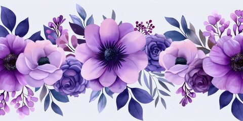 Watercolor purple floral border with anemones and roses