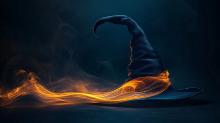 Close-up of a witchâs hat isolated against a dark neutral backdrop, refined magical light trails flowing smoothly, timeless fantasy stock imagery